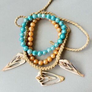 Turquoise & Coral Beaded Bracelets & Braided shell wrap bracelet